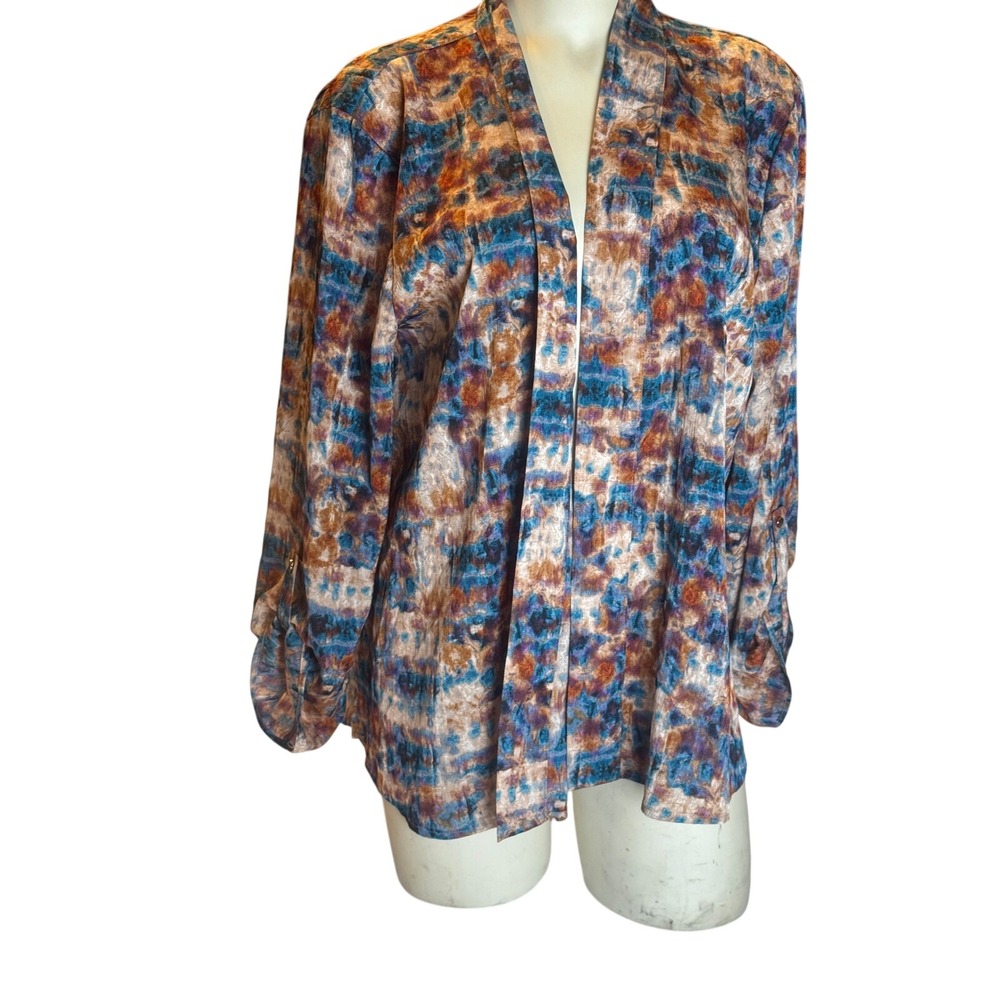 Investments Women Large Abstract fall Open Front Roll Tab Sleeve kimono duster